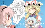  3girls :d ^_^ black_eyes blonde_hair blue_hair bow child_drawing cirno closed_eyes hairband hat komeiji_satori long_hair mind_reading multiple_girls mundane_utility open_mouth pink_hair rebecca_(keinelove) red_eyes ribbon short_hair smile solid_oval_eyes third_eye touhou translated v-shaped_eyebrows wings yakumo_yukari 