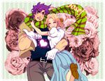  1girl bandana blonde_hair couple gloves hetero husband_and_wife jacket jojo_no_kimyou_na_bouken joseph_joestar_(young) pointing purple_eyes purple_hair scarf suzi_q torihuhu 