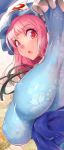  1girl arm_up bangs blue_hat blush breasts commentary_request erect_nipples eyebrows_visible_through_hair floral_print hat highres large_breasts looking_at_viewer mob_cap open_mouth pink_eyes pink_hair saigyouji_yuyuko sash short_hair solo touhou triangular_headpiece umigarasu_(kitsune1963) upper_body 