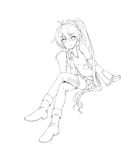  akita_neru crossed_legs detached_sleeves greyscale hair_ornament highres legs lineart long_hair monochrome necktie ponytail routo_(rapi) side_ponytail sitting skirt smile solo thighhighs very_long_hair vocaloid 