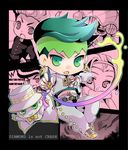  3boys chibi echoes_(stand) green_eyes green_hair headband heaven's_door higashikata_jousuke hirose_kouichi ink jojo_no_kimyou_na_bouken kishibe_rohan makokb multiple_boys pen stand_(jojo) sugimoto_reimi 