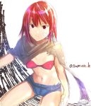  1girl arc_the_lad arc_the_lad_iii bra breasts cheryl_(arc_the_lad) closed_mouth commentary_request erect_nipples looking_at_viewer medium_breasts red_eyes red_hair short_hair shorts sketch solo underwear 