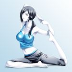  barefoot black_hair breasts capri_pants flexible grey_eyes highres impossible_clothes large_breasts long_hair midriff navel nintendo pants ponytail simple_background smile solo spandex tamamon tank_top white_skin wii_fit wii_fit_trainer yoga 