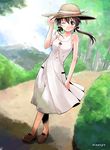  artist_name bare_shoulders blush brown_eyes brown_hair crossed_legs dress dutch_angle gertrud_barkhorn grass hand_on_headwear hat hat_ribbon hat_tip looking_at_viewer niina_ryou no_socks one_eye_closed ribbon road shoes short_hair signature smile solo standing strike_witches sun_hat sundress twintails walking watson_cross wind world_witches_series 