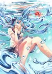  blue_eyes blue_hair bottle_miku bubble fish goldfish hair_ribbon hand_to_own_mouth hatsune_miku liquid_hair long_hair minland4099 ribbon school_uniform serafuku underwater vocaloid water wet wet_clothes 