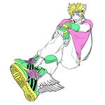  blonde_hair caesar_anthonio_zeppeli facial_mark feathers fingerless_gloves gloves green_eyes hair_feathers headband jojo_no_kimyou_na_bouken kock_k male_focus shoes sneakers solo winged_shoes wings 