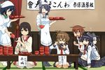  &gt;_&lt; akagi_(kantai_collection) akatsuki_(kantai_collection) black_hair black_legwear blush bowl brown_eyes brown_hair chopsticks closed_eyes eyepatch fang folded_ponytail food hair_ornament hairclip hat head_scarf headgear hibiki_(kantai_collection) ikazuchi_(kantai_collection) inazuma_(kantai_collection) kantai_collection kappougi kozou_(rifa) md5_mismatch multiple_girls navel necktie open_mouth pantyhose rice_bowl school_uniform serafuku short_hair silver_hair sitting skirt smile souryuu_(kantai_collection) table tasuki tenryuu_(kantai_collection) thighhighs translated tray white_legwear yellow_eyes 