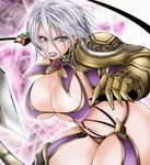  1041_(toshikazu) 1girl blue_eyes breasts cleavage clenched_teeth eyeshadow huge_breasts isabella_valentine looking_at_viewer makeup purple_hair solo soul_calibur soulcalibur_iv teeth weapon 