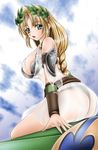  1041_(toshikazu) 1girl ass blonde_hair bracer bracers braid breasts from_behind green_eyes large_breasts long_hair looking_at_viewer looking_back open_mouth panties see-through sitting solo sophitia_alexandra soul_calibur soulcalibur_iii underwear 