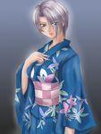  1041_(toshikazu) 1girl blue_eyes hair_over_one_eye isabella_valentine japanese_clothes kimono looking_at_viewer purple_hair solo soul_calibur soulcalibur_ii standing very_short_hair yukata 