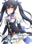  bare_shoulders black_hair blue_ribbon blush breasts buttons cleavage detached_sleeves frilled_sleeves frills frown garter_straps hair_between_eyes hair_ornament hair_ribbon highres keita_(tundereyuina) long_hair looking_at_viewer medium_breasts neptune_(series) noire red_eyes ribbon simple_background solo twintails very_long_hair white_background 