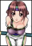  1041_(toshikazu) 1girl alternate_costume bare_shoulders breasts brown_eyes brown_hair headband large_breasts leaning_forward looking_at_viewer polearm seong_mi-na smile solo soul_calibur soulcalibur_iii standing weapon 