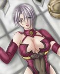  1041_(toshikazu) 1girl blue_eyes breasts isabella_valentine large_breasts looking_at_viewer lying on_back purple_hair solo soul_calibur soulcalibur_ii very_short_hair 