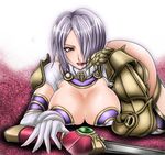  1041_(toshikazu) 1girl ass blue_eyes breasts elbow_gloves gloves hair_over_one_eye isabella_valentine large_breasts looking_at_viewer lying on_stomach purple_hair short_hair solo soul_calibur soulcalibur_iii sword weapon 