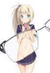  bad_id bad_pixiv_id blonde_hair blue_eyes breasts covering covering_breasts eyewear_view groin konchi long_hair medium_breasts navel nude original school_uniform side_ponytail skirt solo x-ray_glasses x-ray_vision 