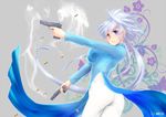  ass blue_dress blue_eyes breasts casing_ejection dress dual_wielding firing grey_background gun handgun heterochromia holding holding_gun holding_weapon lavolpe_(yagisaka_seto) long_sleeves medium_breasts midriff original outstretched_arm parted_lips pistol purple_eyes purple_hair shell_casing simple_background smoke smoking_gun trigger_discipline vietnamese_dress weapon yagisaka_seto 