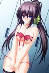  absurdres bad_id bad_pixiv_id bdsm black_hair blue_eyes blush bondage bound breasts cleavage hair_ribbon highres infinite_stratos large_breasts locker locker_room long_hair navel p_mayuhime panties ponytail ribbon ribbon_bondage shinonono_houki side-tie_panties solo thighhighs underwear 