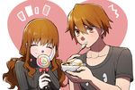  1girl absurdres bad_id bad_pixiv_id blush brown_eyes brown_hair candy casual dual_persona eating fate/extra fate_(series) food genderswap highres kishinami_hakuno_(female) kishinami_hakuno_(male) lollipop routo sweets wavy_mouth 