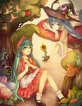  apple bird bird_nest blue_eyes blue_hair character_name dress flower food fruit giant_leaf green_eyes green_hair grin hat hatsune_miku highres lantern leaf_umbrella long_hair mary_janes multiple_girls shoes sitting smile socks squirrel tree twintails vocaloid witch_hat 
