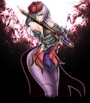  1041_(toshikazu) 1girl alternate_costume bare_shoulders blue_eyes breasts fishnets hat isabella_valentine looking_at_viewer purple_hair solo soul_calibur soulcalibur_iii standing sword veil weapon 