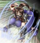  1041_(toshikazu) 1girl armor ass bent_over bodysuit breasts brown_eyes brown_hair clenched_teeth huge_breasts looking_at_viewer ponytail skin_tight solo soul_calibur soulcalibur_iii standing taki taki_(soulcalibur) teeth 