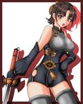  1041_(toshikazu) 1girl :d alternate_costume bare_shoulders brown_eyes brown_hair chai_xianghua detached_sleeves hair_ornament hand_on_hip looking_at_viewer open_mouth short_hair smile solo soul_calibur soulcalibur_iii standing sword thighhighs weapon 
