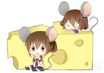  animal_ears bad_id bad_pixiv_id brown_eyes brown_hair cheese closed_eyes eating food ikazuchi_(kantai_collection) inazuma_(kantai_collection) kantai_collection katori_(quietude) kemonomimi_mode mouse_ears mouse_tail multiple_girls pleated_skirt school_uniform serafuku short_hair skirt tail 