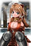  1041_(toshikazu) 1girl alternate_costume armor blonde_hair bow breasts cassandra_alexandra cleavage green_eyes hair_bow large_breasts looking_at_viewer sitting soul_calibur soulcalibur_iii 