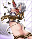  1041_(toshikazu) 1girl ass blue_eyes breasts cleavage elbow_gloves eyes_visible_through_hair from_behind from_below gloves hair_over_one_eye huge_breasts isabella_valentine looking_at_viewer looking_back short_hair solo soul_calibur soulcalibur_iii standing sword weapon whip whip_sword white_hair 