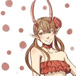  antlers bandeau bare_shoulders brown_hair c_(control) choker flat_chest flower frills green_eyes grin hair_flower hair_ornament horns long_hair lowres mashu_(control) midriff pointy_ears polka_dot polka_dot_background simonadventure smile solo strapless twintails 