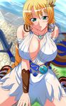  absurdres aokura_shou belt blonde_hair blue_eyes braid breasts cleavage dress earrings greek hair_ornament highres jewelry large_breasts long_hair necklace sandals shield single_braid sitting solo sophitia_alexandra soulcalibur soulcalibur_iv vambraces wariza water 