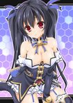  bare_shoulders black_hair breasts cleavage garter_straps hair_ornament hexagon hinamori-clover long_hair looking_at_viewer medium_breasts neptune_(series) noire open_mouth red_eyes solo thighhighs twintails 