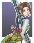  1041_(toshikazu) 1girl alternate_costume back brown_eyes brown_hair earrings from_behind jewelry looking_at_viewer looking_back lowres polearm seong_mi-na solo soul_calibur soulcalibur_ii weapon 