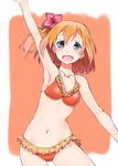  :d bad_id bad_pixiv_id bikini blue_eyes flower frilled_bikini frills hair_flower hair_ornament kousaka_honoka love_live! love_live!_school_idol_project navel nyoijizai open_mouth orange_hair red_bikini short_hair smile solo swimsuit waving 