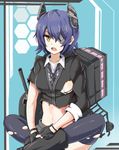  breasts damaged eyepatch gloves headgear highres kantai_collection koenza_botoke machinery medium_breasts navel necktie open_mouth partly_fingerless_gloves purple_hair short_hair sitting solo tenryuu_(kantai_collection) thighhighs torn_clothes turret yellow_eyes 