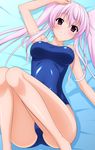  absurdres competition_school_swimsuit eyelashes highres long_hair lying one-piece_swimsuit original pink_hair purple_eyes school_swimsuit smile solo sugimura_tomokazu swimsuit twintails 