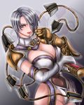  1041_(toshikazu) 1girl blue_eyes breasts cleavage eyes_visible_through_hair grey_hair hair_over_one_eye isabella_valentine large_breasts looking_at_viewer solo soul_calibur soulcalibur_iii sword very_short_hair weapon whip whip_sword 