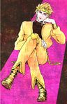  bad_id bad_pixiv_id blonde_hair crossed_legs dio_brando earrings full_body hand_on_own_cheek headband heart invisible_chair jacket jewelry jojo_no_kimyou_na_bouken knee_pads looking_at_viewer male_focus mcccm615 pointy_shoes red_eyes shoes simple_background sitting smile solo yellow_jacket 