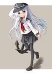  anchor black_legwear blue_eyes blush full_body hat hibiki_(kantai_collection) kantai_collection katahira_masashi loafers long_hair looking_at_viewer pantyhose school_uniform serafuku shoes silver_hair skirt solo 