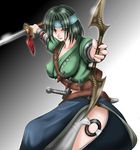  1041_(toshikazu) 1girl brown_eyes eyes_visible_through_hair genderswap green_hair headband long_hair looking_at_viewer miser side_slit solo soul_calibur soulcalibur_iii sword weapon 