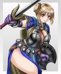  1041_(toshikazu) 1girl alternate_costume armor blonde_hair gloves green_eyes hair_up looking_at_viewer shield side_slit solo sophitia_alexandra soul_calibur soulcalibur_iii sword thighs weapon 