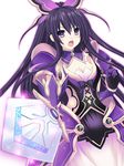  armor armored_dress bad_id bad_pixiv_id bow breasts cleavage date_a_live kagura_ittou long_hair looking_at_viewer medium_breasts open_mouth purple_eyes purple_hair solo sword weapon white_background yatogami_tooka 