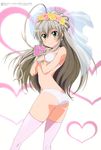  absurdres ahoge artist_request ass bra earrings flower flower_wreath from_behind green_eyes haiyore!_nyaruko-san head_wreath heart highres jewelry long_hair looking_at_viewer looking_back nyarlathotep_(nyaruko-san) official_art panties pink_legwear scan silver_hair smile solo standing strapless strapless_bra thighhighs underwear underwear_only veil very_long_hair 