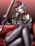  1041_(toshikazu) 1girl alternate_costume blue_eyes eyes_visible_through_hair fishnet_legwear fishnets hair_over_one_eye hat isabella_valentine legs_crossed looking_at_viewer purple_hair short_hair sitting solo soul_calibur soulcalibur_iii sword veil weapon 