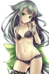  :o bikini black_bikini bow cowboy_shot frilled_bikini frills gatchaman_crowds green_eyes green_hair hair_bow hair_ears holding holding_hair kamomen leg_garter long_hair looking_at_viewer ribbon ribbon-trimmed_ornament ribbon-trimmed_swimsuit ribbon_trim solo swimsuit utsutsu very_long_hair white_background 