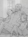  2girls bad_id bad_pixiv_id barefoot beard blush closed_eyes ellie_(the_last_of_us) facial_hair father_and_daughter good_end joel_(the_last_of_us) kuma_jet long_hair monochrome multiple_girls one_eye_closed pillow ponytail sarah_(the_last_of_us) short_hair sitting smile the_last_of_us time_paradox window 