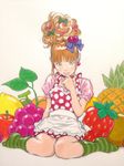  absurdres apple apron bangs blue_eyes blunt_bangs bow brown_hair earrings food fruit grapes green_legwear hair_bow highres jewelry kubonouchi_eisaku lemon lips original pineapple polka_dot polka_dot_apron sitting socks solo strawberry striped striped_legwear traditional_media wariza 