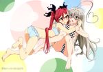  2girls absurdres ahoge barefoot bespectacled bikini blush checkered checkered_bikini chestnut_mouth cthugha_(nyaruko-san) feet frilled_bikini frills glasses green_eyes grey_hair haiyore!_nyaruko-san heart_ahoge highres huge_ahoge kuuko long_hair mouth_hold multiple_girls nyarlathotep_(nyaruko-san) nyaruko official_art open_mouth possible_duplicate red-framed_glasses red_eyes red_hair scan semi-rimless_glasses soles swimsuit toes twintails under-rim_glasses untied untied_bikini yuri 