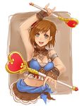  aqua_eyes armlet armpits bad_id bad_pixiv_id breasts brown_hair cleavage collar final_fantasy final_fantasy_xi flower gloves hair_flower hair_ornament heart hume jewelry looking_at_viewer medium_breasts midriff mozuyun mumor navel necklace short_hair sleeveless solo wand 