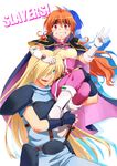  1girl armor blonde_hair blue_eyes boots cape carrying copyright_name fingerless_gloves gem gloves gourry_gabriev grin hair_over_one_eye highres index_finger_raised lina_inverse long_hair misaki_juri multicolored multicolored_cape multicolored_clothes orange_hair pants pauldrons pink_eyes slayers smile spandex 